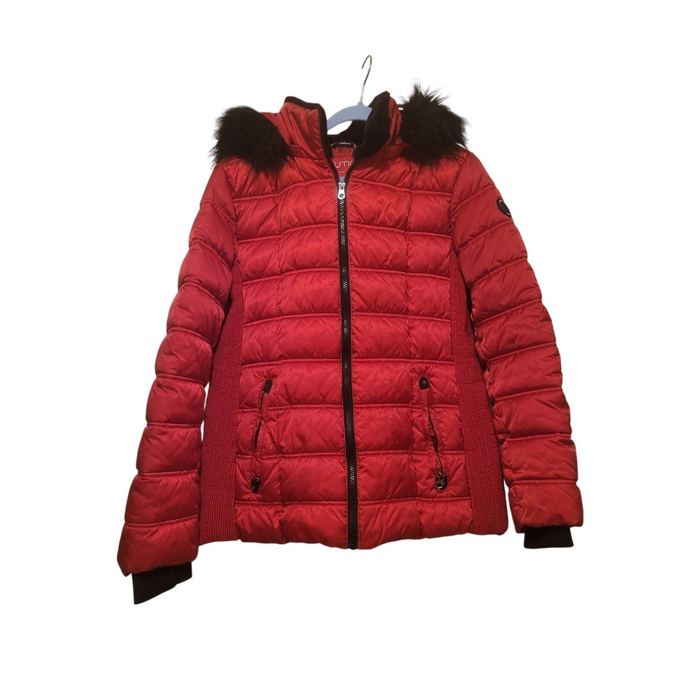 Nautica Womens Red Water Resistant Puffer Jacket Detachable Faux Fur Hood XXL
